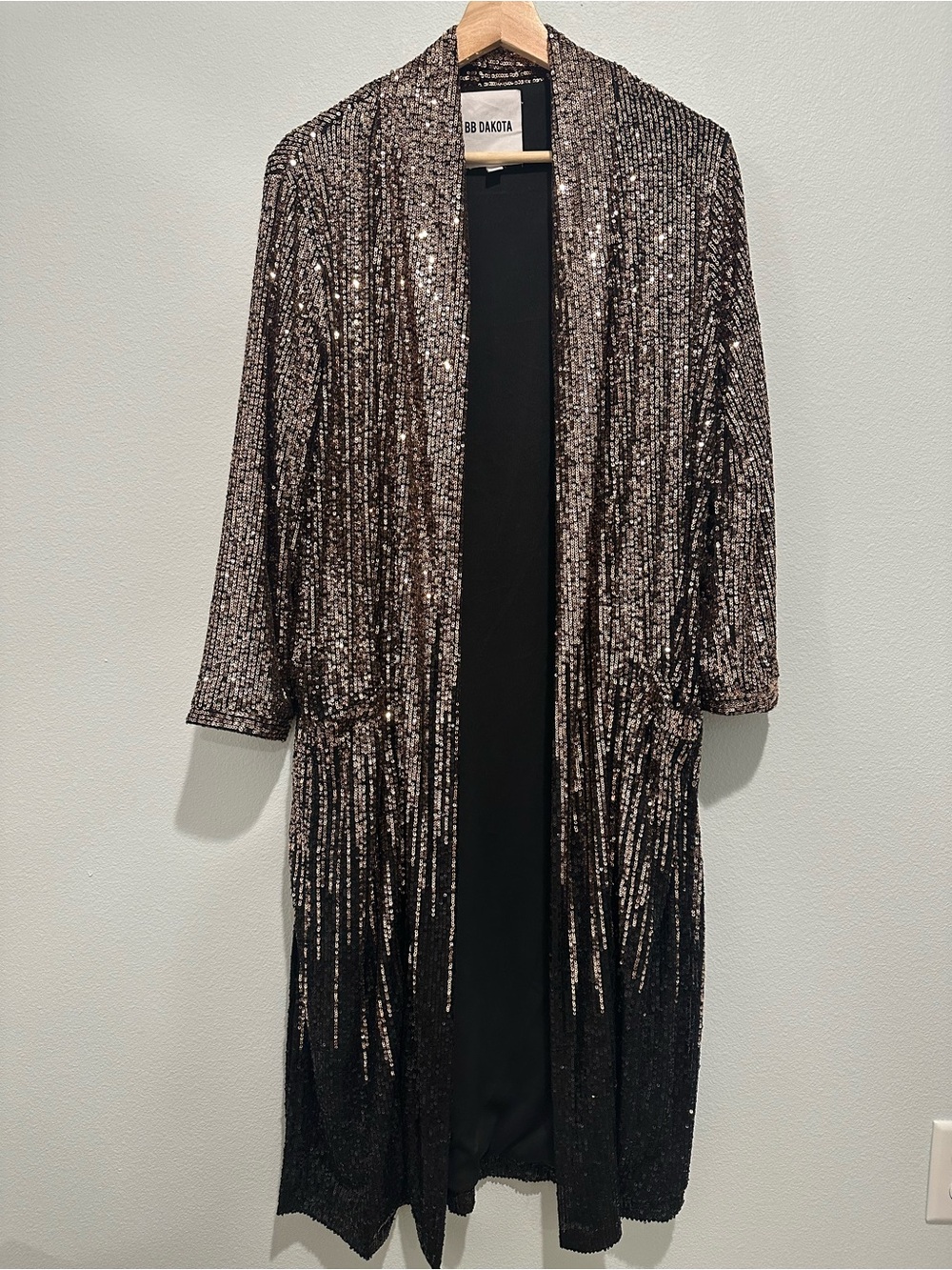 Anthropology BB Dakota Sequin Long Duster Jacket- Black Rose Gold Ombre size XS